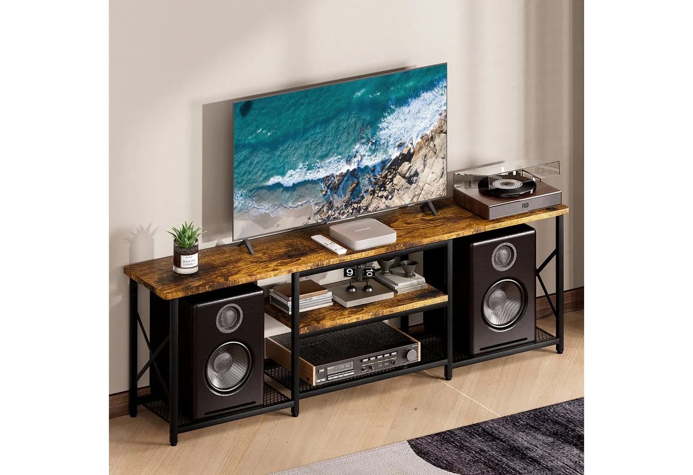 Yorbay Lowboard TV Schrank für Fernseher bis zu 70 Zoll, Schwarz & Retro Holzfarben - Bild 2