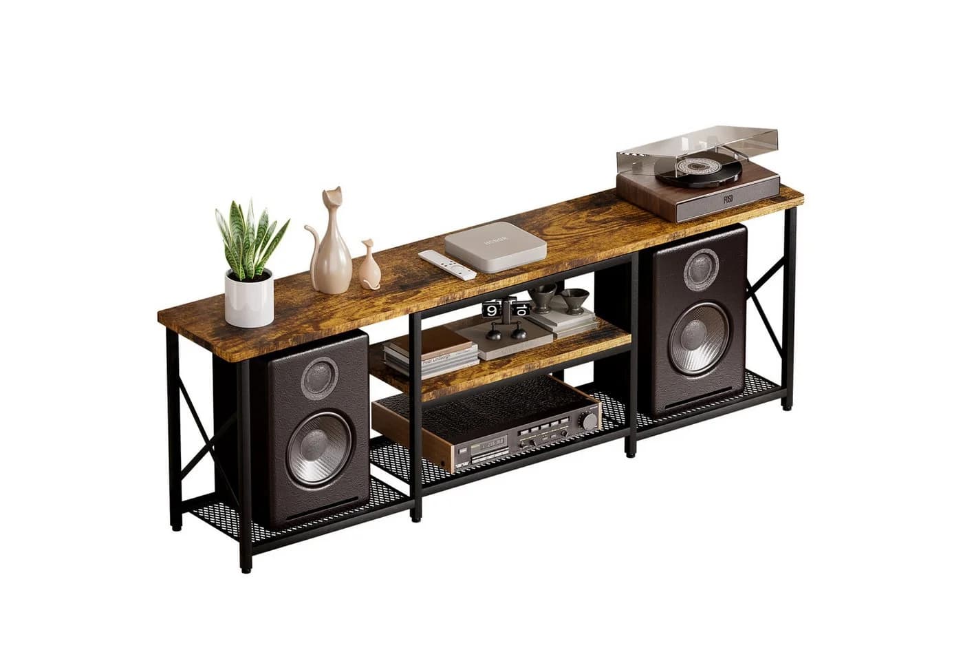 Yorbay Lowboard TV Schrank für Fernseher bis zu 70 Zoll, Schwarz & Retro Holzfarben - Bild 3
