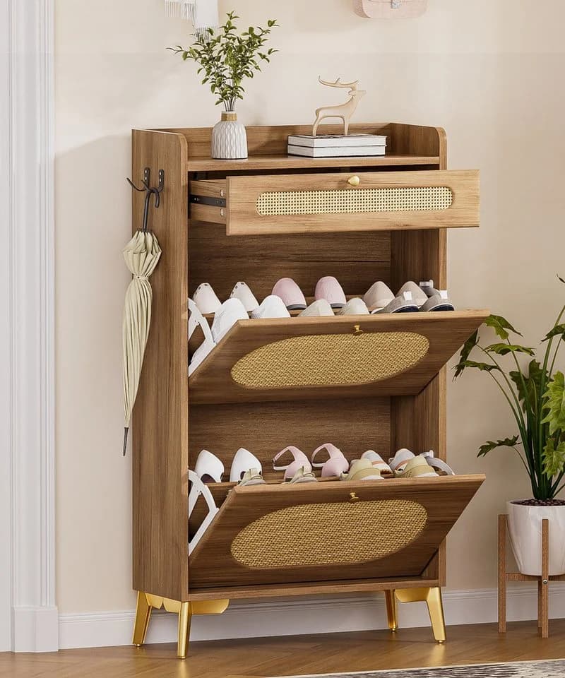 Yorbay Schuhschrank Schmal mit Rattan-Deko & 2 Klappen