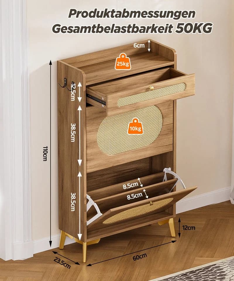 Yorbay Schuhschrank Schmal mit Rattan-Deko & 2 Klappen - Bild 3