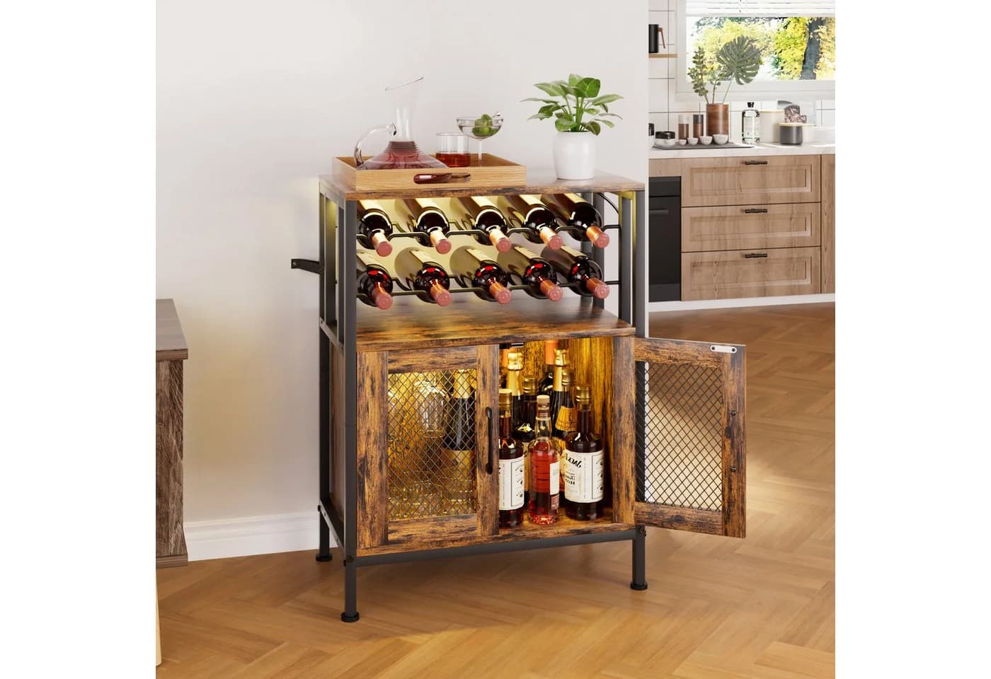 Yorbay Weinschrank Vintage mit LED-Beleuchtung und Glashalter