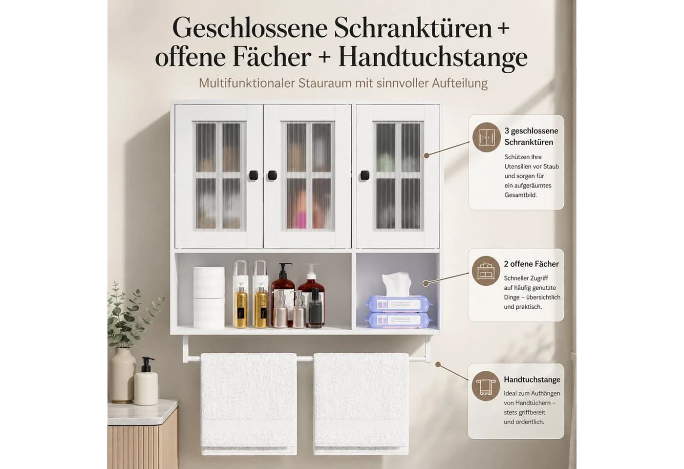 Yorbay Hängeschrank Bad 3 Türen Weiß mit Handtuchhalter - Bild 3