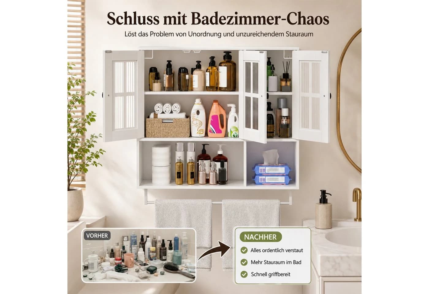 Yorbay Hängeschrank Bad 3 Türen Weiß mit Handtuchhalter - Bild 4