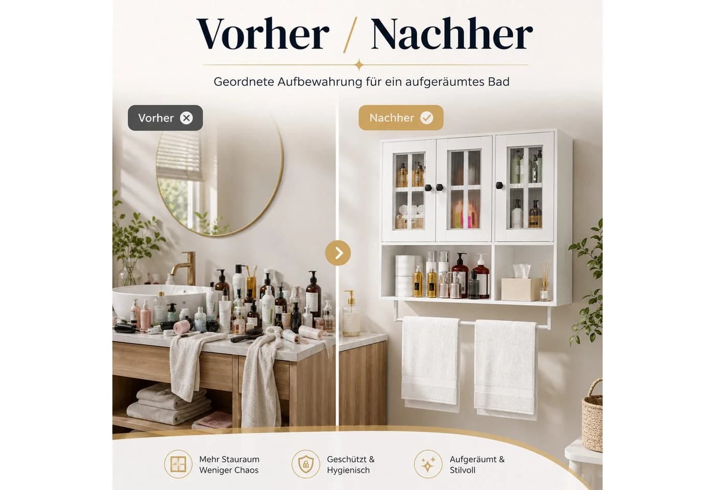 Yorbay Hängeschrank Bad 3 Türen Weiß mit Handtuchhalter - Bild 5