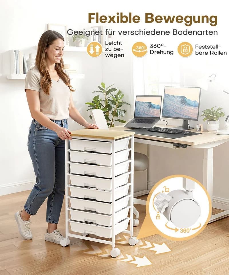 Yorbay Rollwagen 8 Schubladen Weiß mit Holzplatte - Bild 5