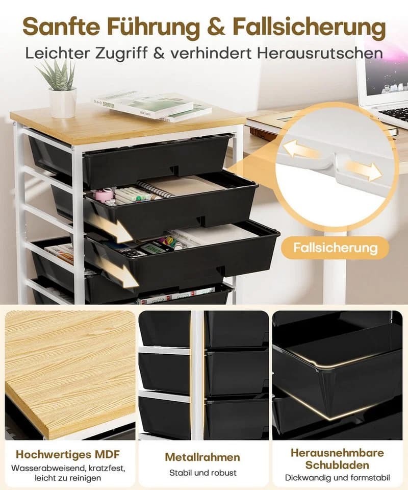 Yorbay Rollwagen 8 Schubladen Schwarz mit Holzplatte - Bild 5