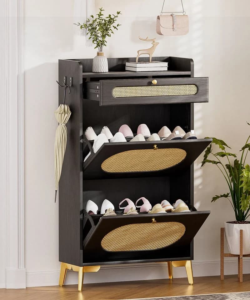 Yorbay Schuhschrank Schmal Schwarz Rattan-Optik