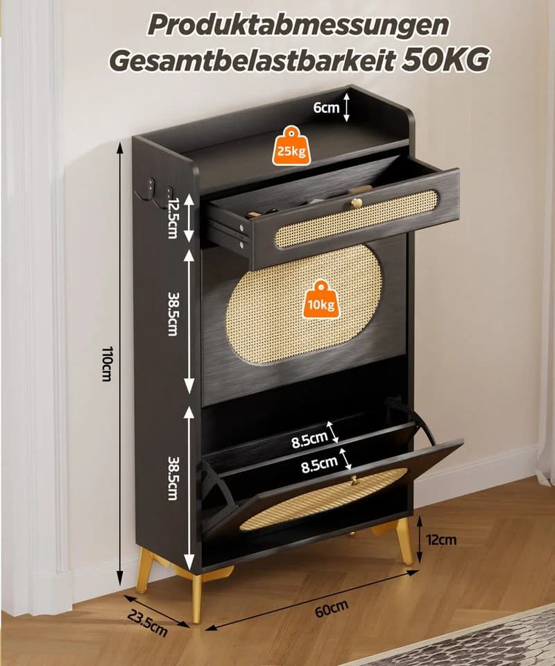 Yorbay Schuhschrank Schmal Schwarz Rattan-Optik - Bild 4