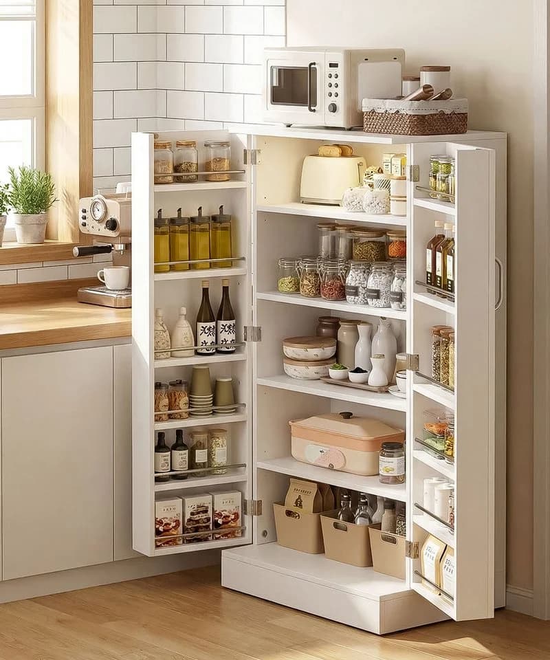 Yorbay Mehrzweckschrank mit LED-Sensorlicht & höhenverstellbaren Regalen Weiß