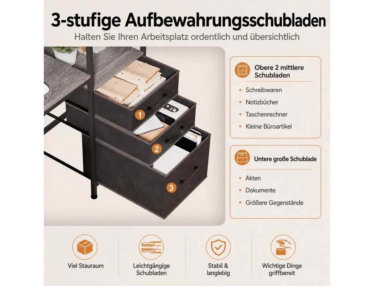 Yorbay Eckschreibtisch L-förmig Schwarz mit LED, Steckdosen & Schubladen - Bild 5