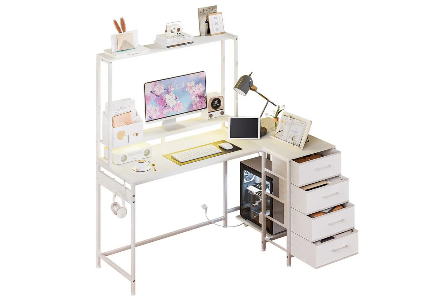Yorbay Eckschreibtisch L-Form 140 cm mit Schubladen, LED & Steckdose Weiß - Bild 2