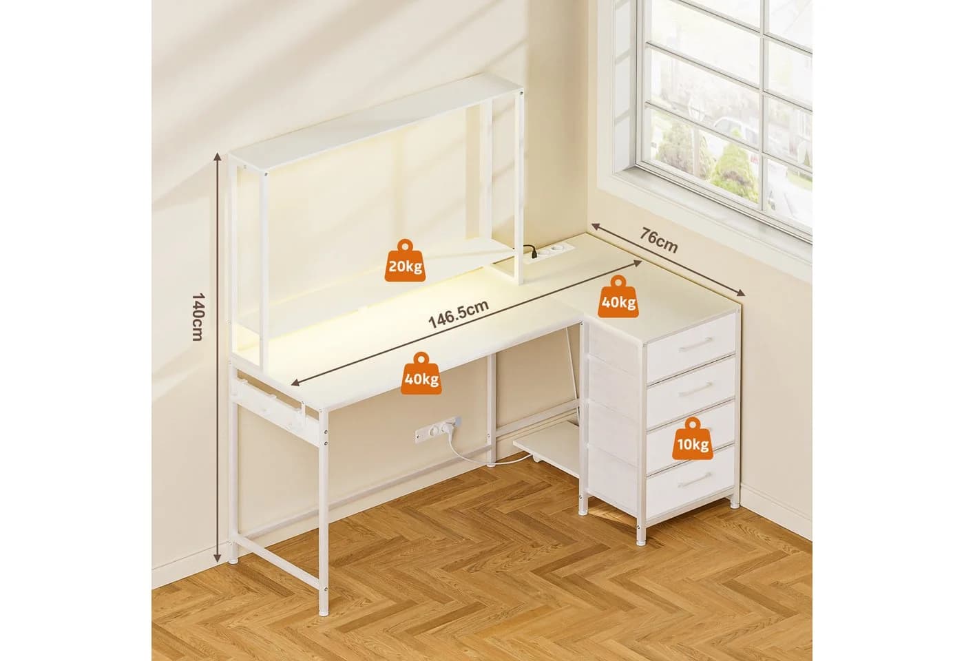 Yorbay Eckschreibtisch L-Form 140 cm mit Schubladen, LED & Steckdose Weiß - Bild 3