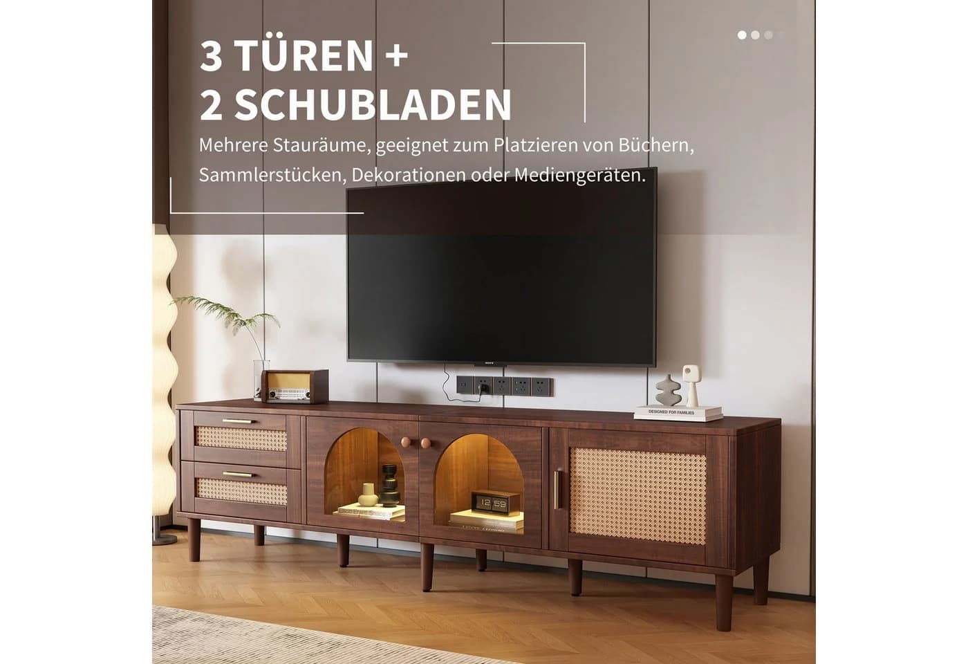 Yorbay TV-Schrank Rattan Design Braun mit LED-Beleuchtung