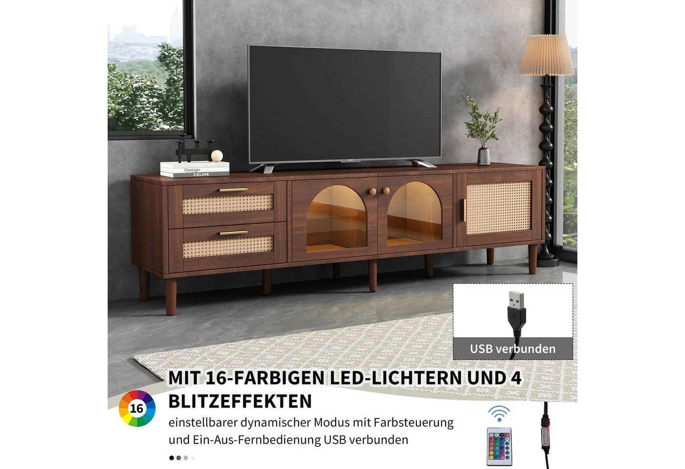 Yorbay TV-Schrank Rattan Design Braun mit LED-Beleuchtung - Bild 3