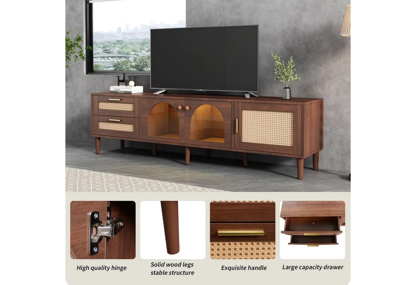 Yorbay TV-Schrank Rattan Design Braun mit LED-Beleuchtung - Bild 4