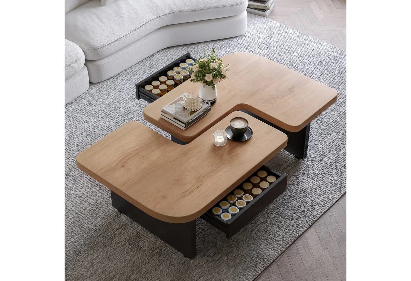Yorbay Couchtisch 2er Set mit LED-Beleuchtung, Beistelltisch, 2 Schubladen, abgerundete Ecken, für Wohnzimmer, Schlafzimmer - Bild 2