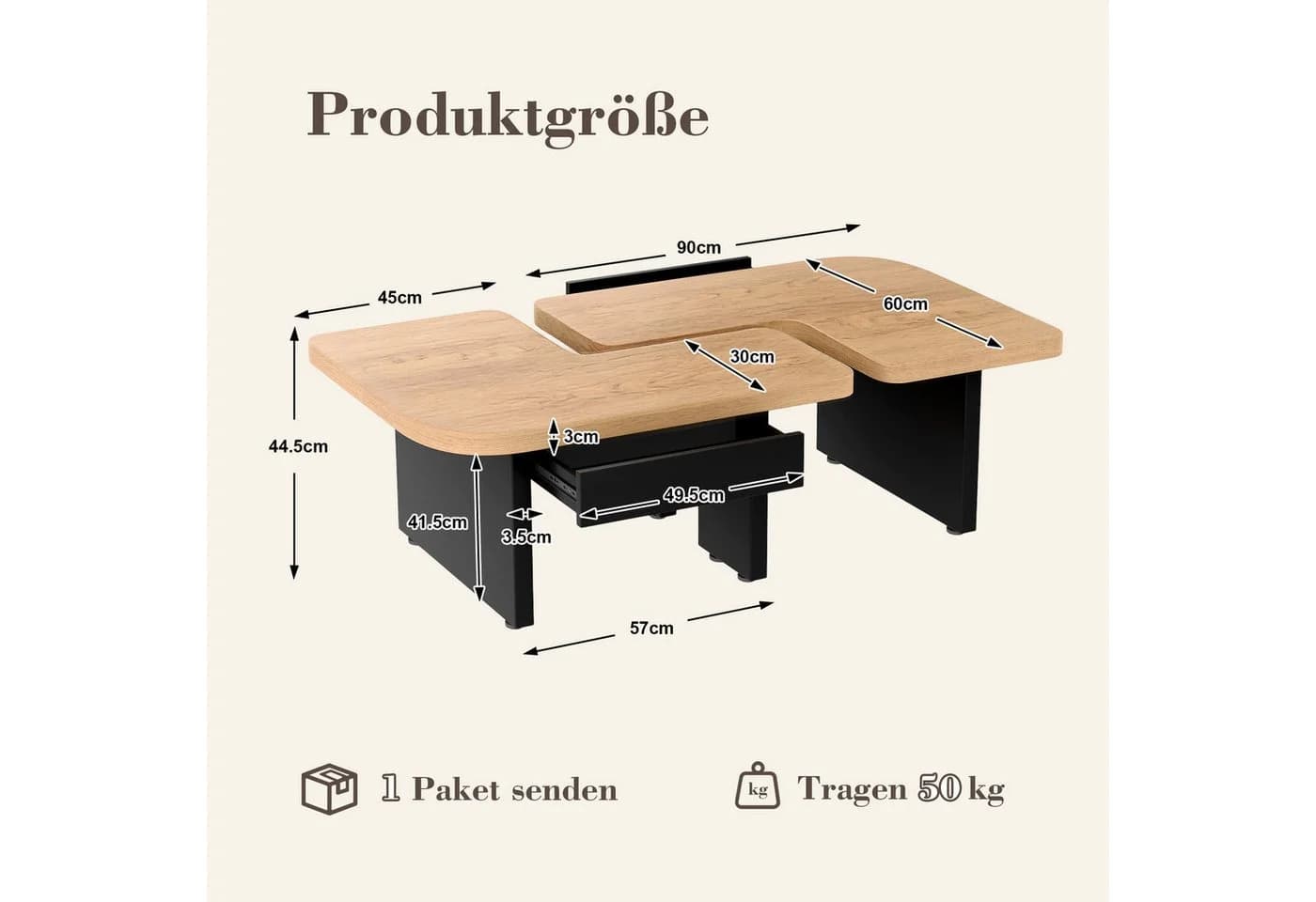 Yorbay Couchtisch 2er Set mit LED-Beleuchtung, Beistelltisch, 2 Schubladen, abgerundete Ecken, für Wohnzimmer, Schlafzimmer - Bild 3