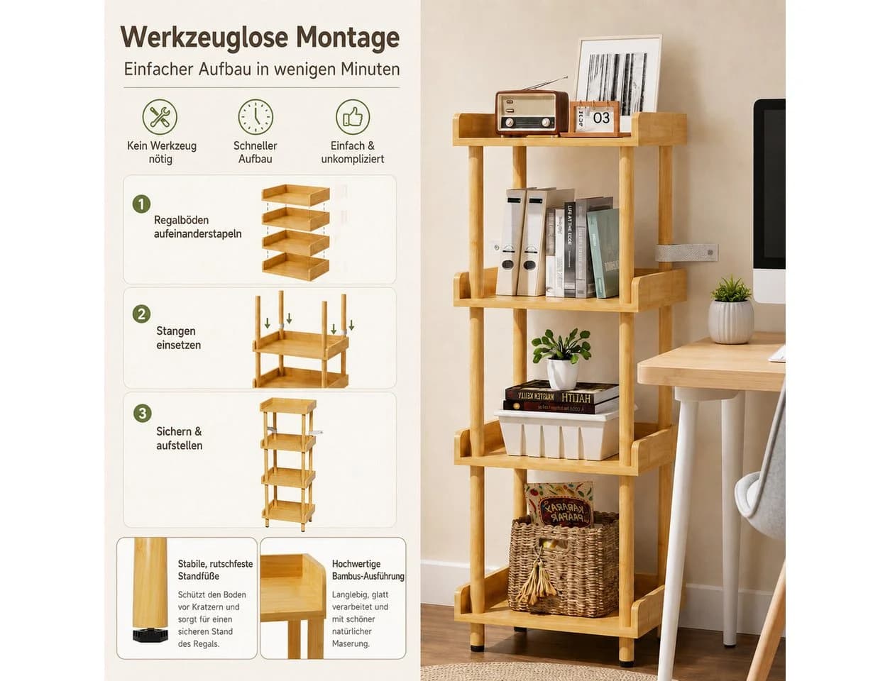 Yorbay Bambusregal 4 Ebenen Werkzeuglos Beige - Bild 5