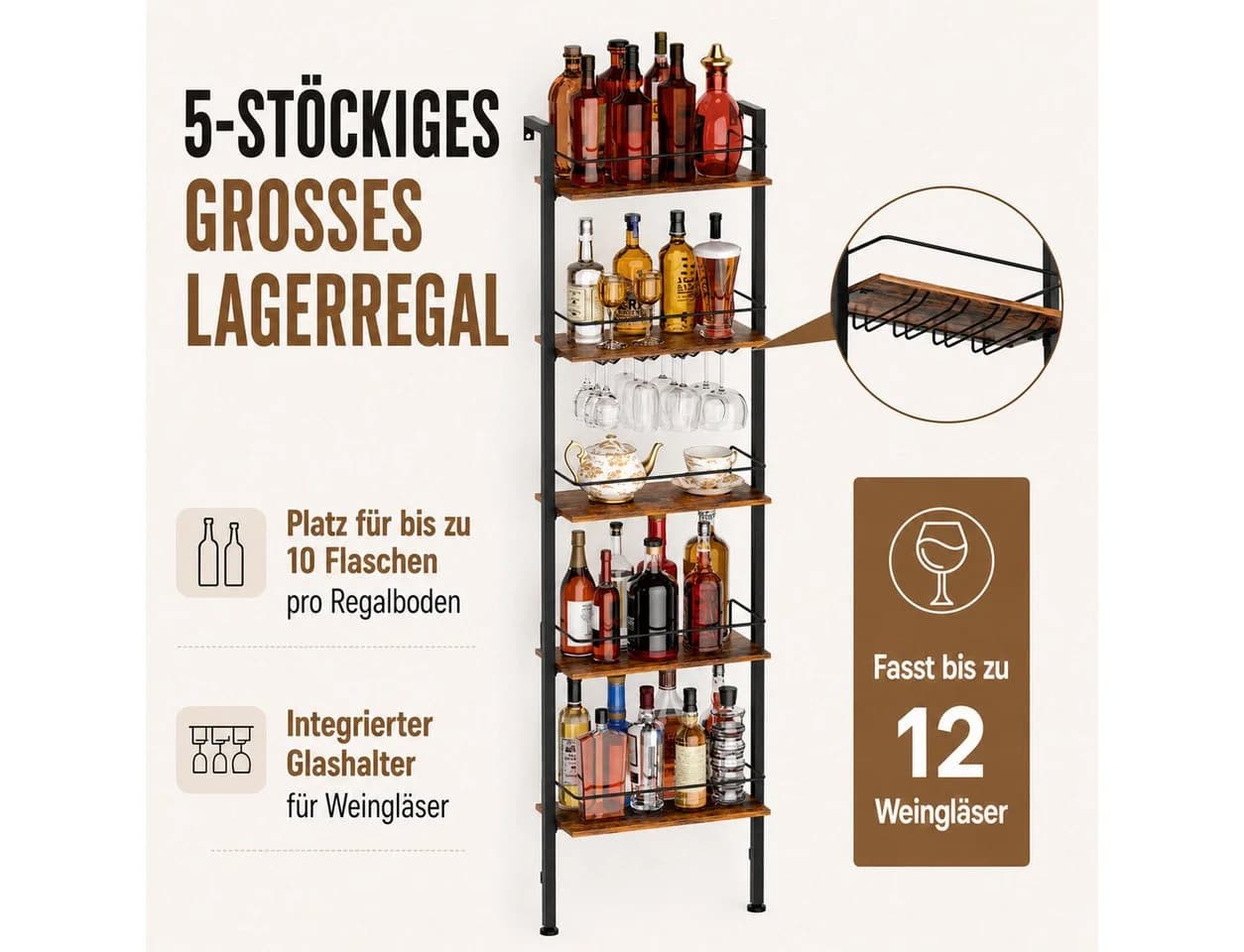Yorbay Weinregal 5-Tier mit LED-Lichtern & Absturzsicherung - Bild 5