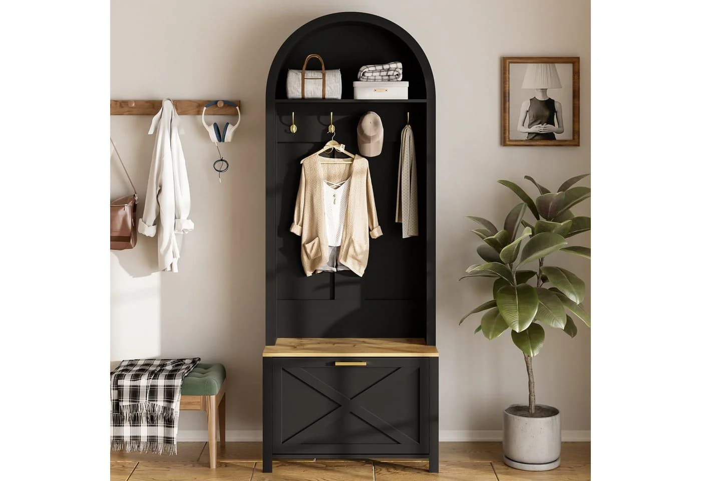 Yorbay Garderobe mit Schuhschrank & Hakenleiste Modern Weiß Holzoptik