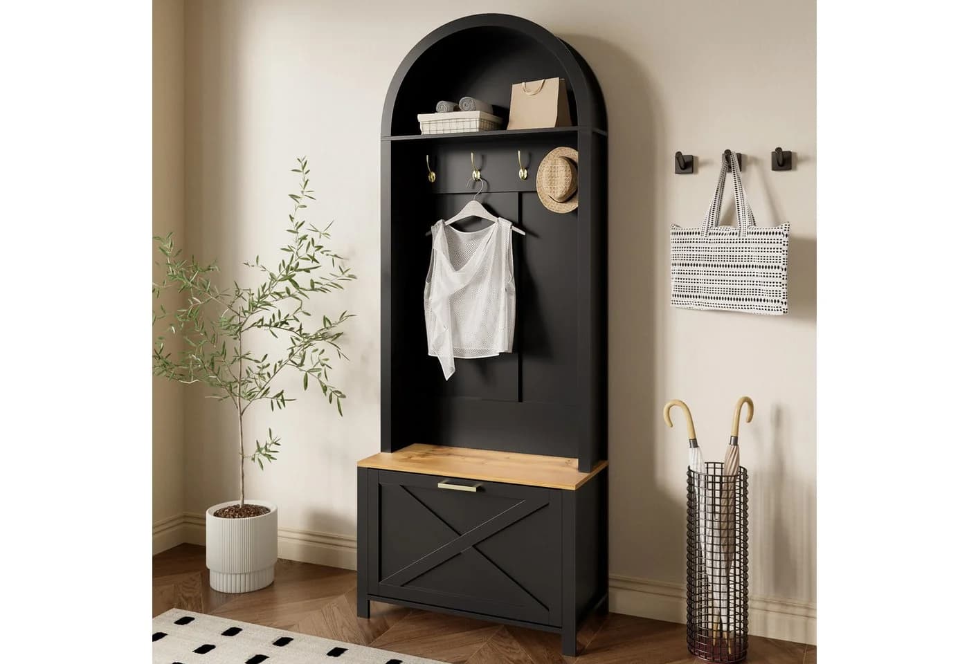 Yorbay Garderobe mit Schuhschrank & Hakenleiste Modern Weiß Holzoptik - Bild 4
