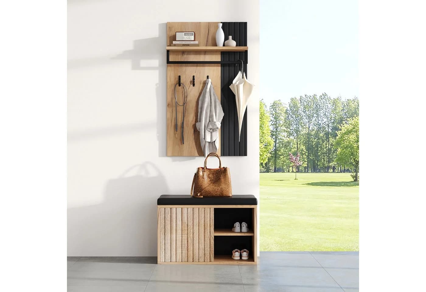 Yorbay Garderoben-Set mit Schuhbank Schwarz/Natur