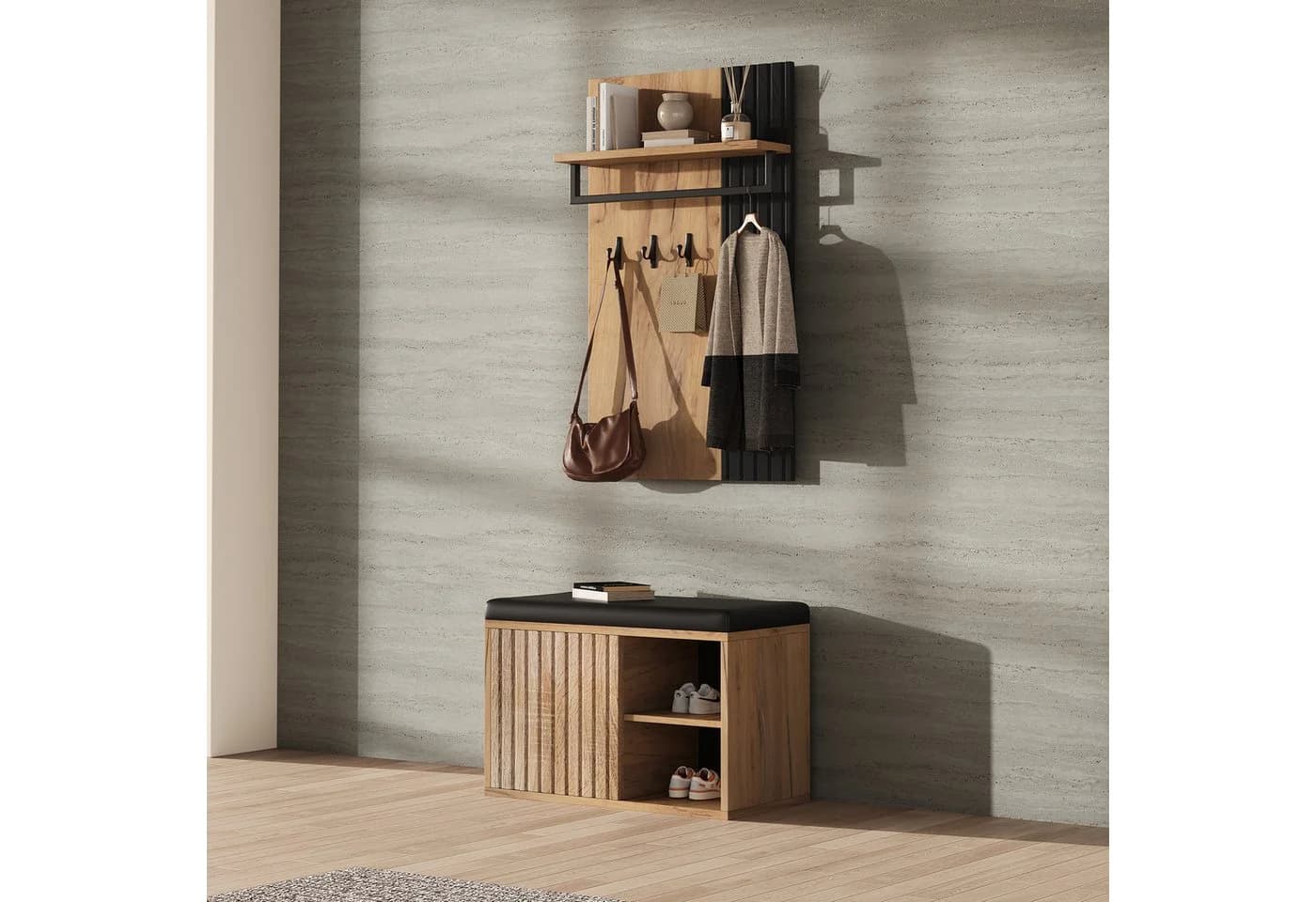 Yorbay Garderoben-Set mit Schuhbank Schwarz/Natur - Bild 5