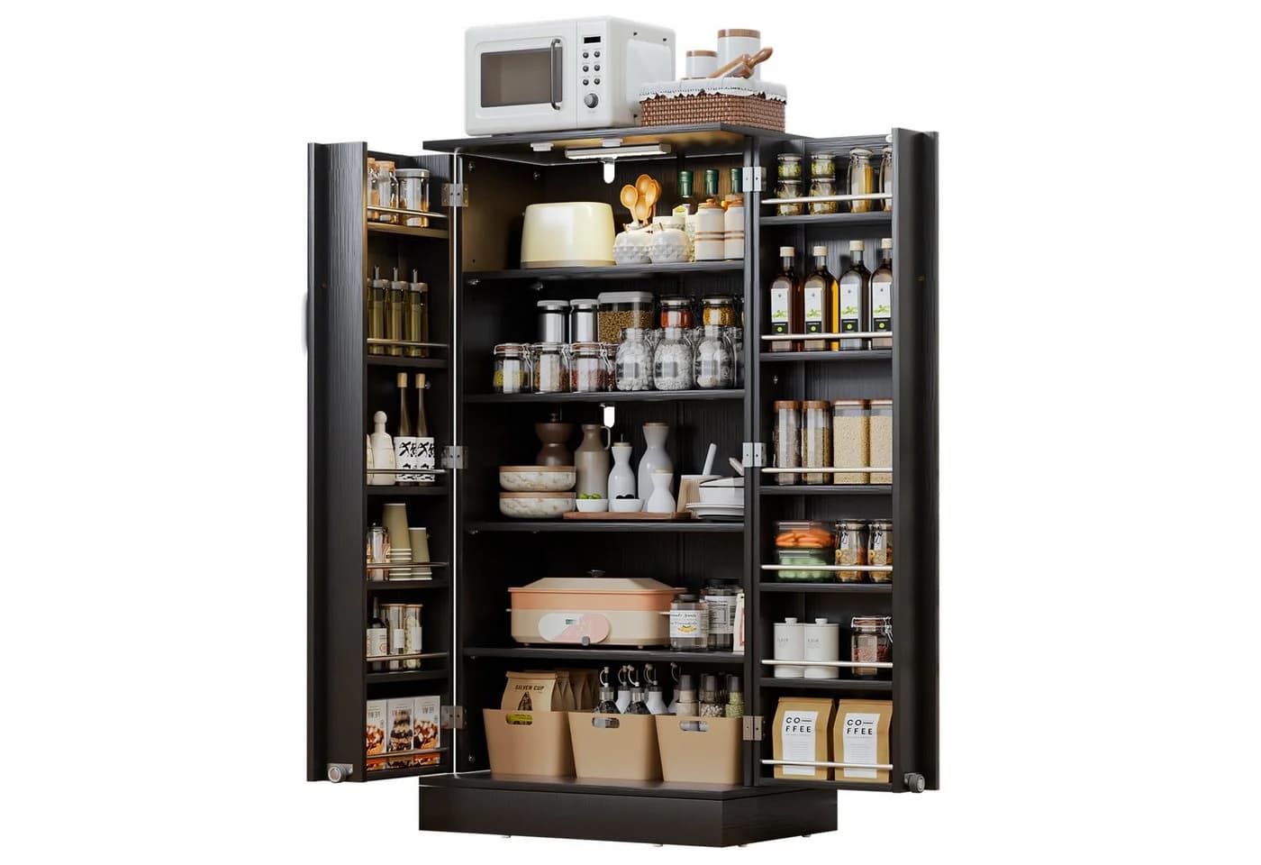 Yorbay Mehrzweckschrank mit LED-Sensorlicht & höhenverstellbaren Regalen Schwarz - Bild 2