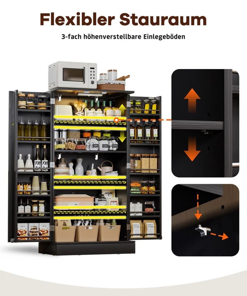 Yorbay Mehrzweckschrank mit LED-Sensorlicht & höhenverstellbaren Regalen Schwarz - Bild 3