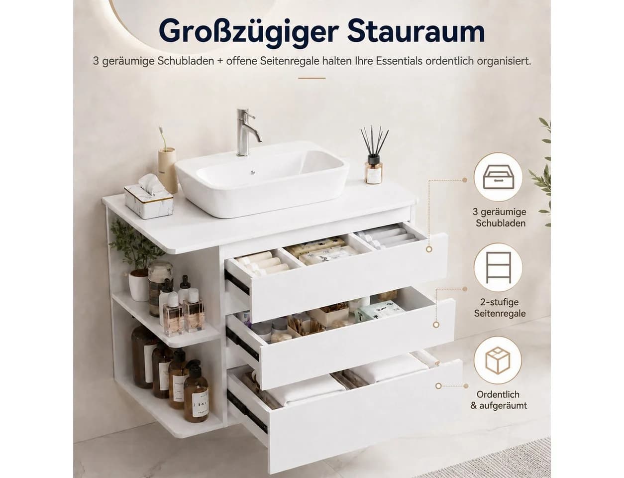Yorbay Waschtischunterschrank Wandhängend Weiß 80 cm mit Soft Close Schubladen