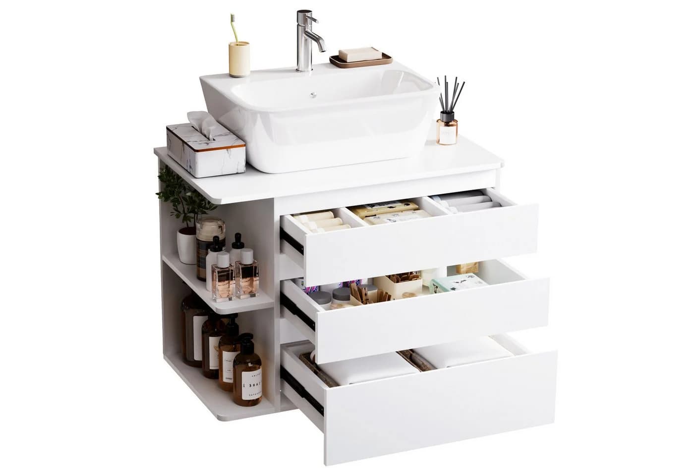 Yorbay Waschtischunterschrank Wandhängend Weiß 80 cm mit Soft Close Schubladen - Bild 2