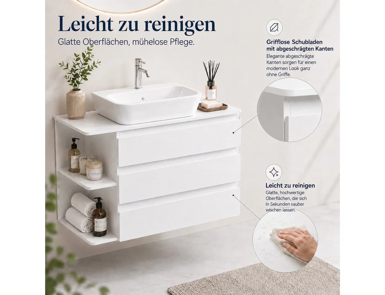 Yorbay Waschtischunterschrank Wandhängend Weiß 80 cm mit Soft Close Schubladen - Bild 3