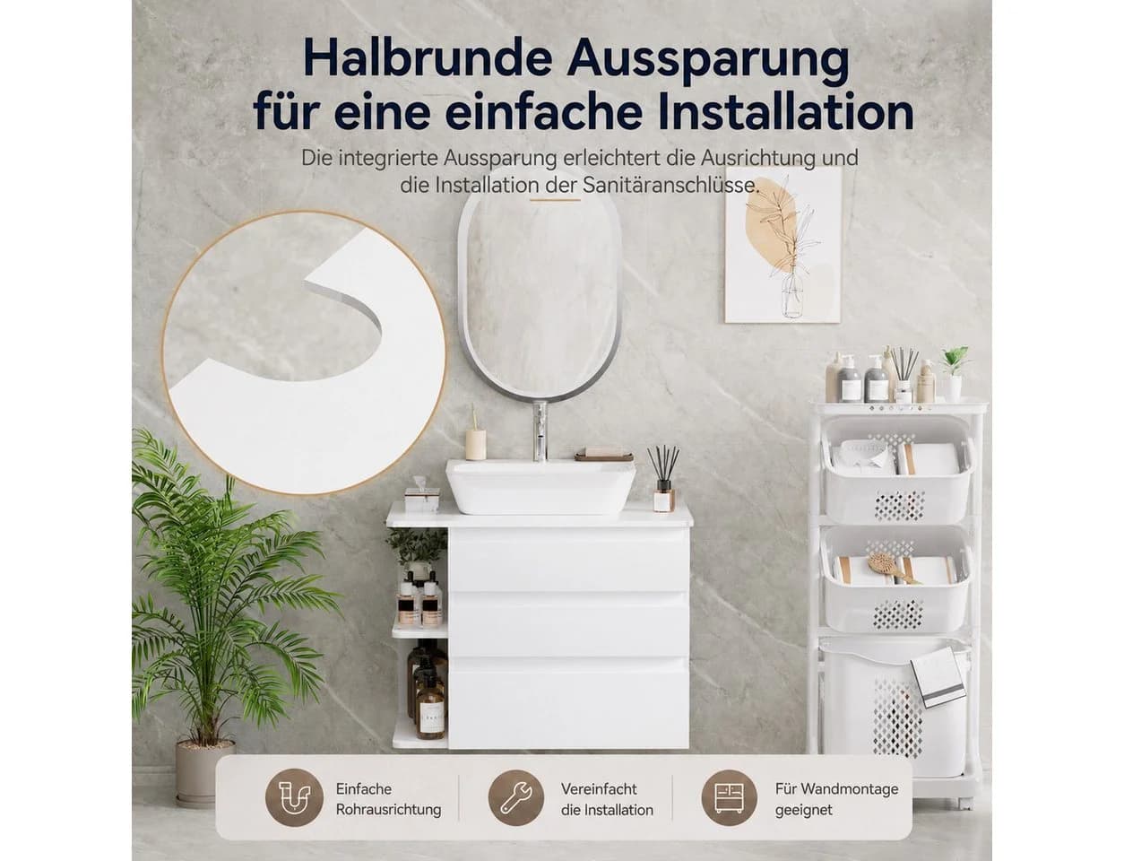 Yorbay Waschtischunterschrank Wandhängend Weiß 80 cm mit Soft Close Schubladen - Bild 4