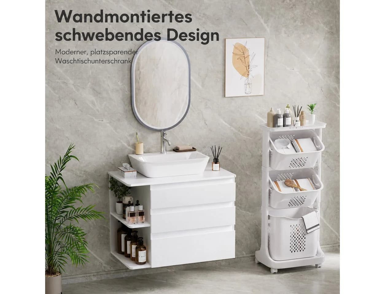 Yorbay Waschtischunterschrank Wandhängend Weiß 80 cm mit Soft Close Schubladen - Bild 5