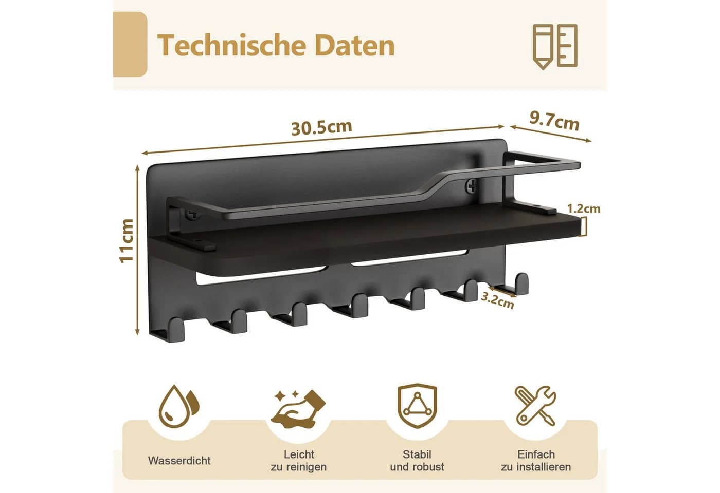 Yorbay Schlüsselbrett mit Holzablage, 7 Haken, Schwarz
