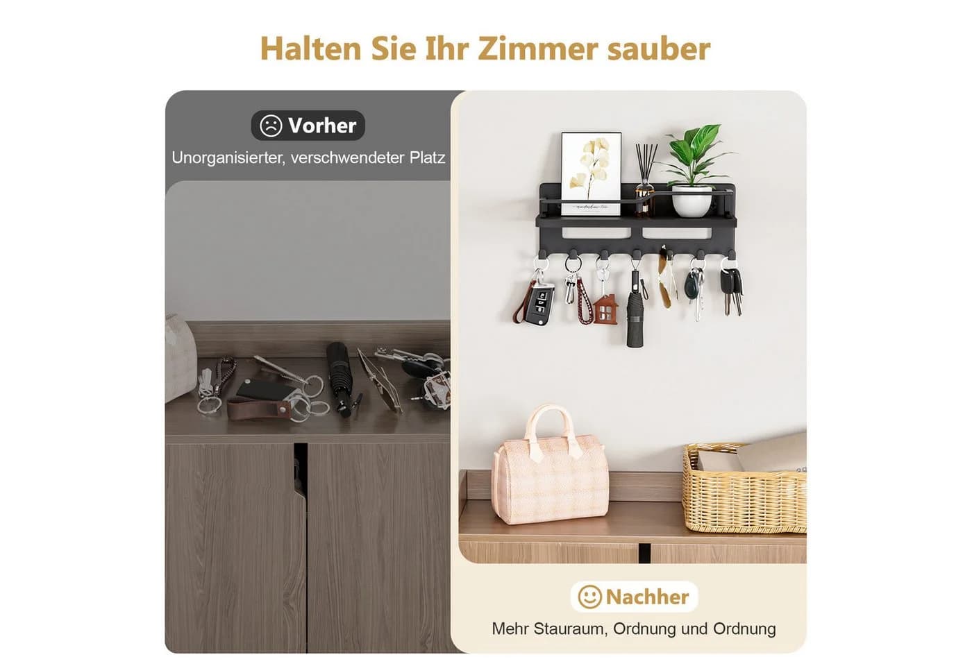 Yorbay Schlüsselbrett mit Holzablage, 7 Haken, Schwarz - Bild 4