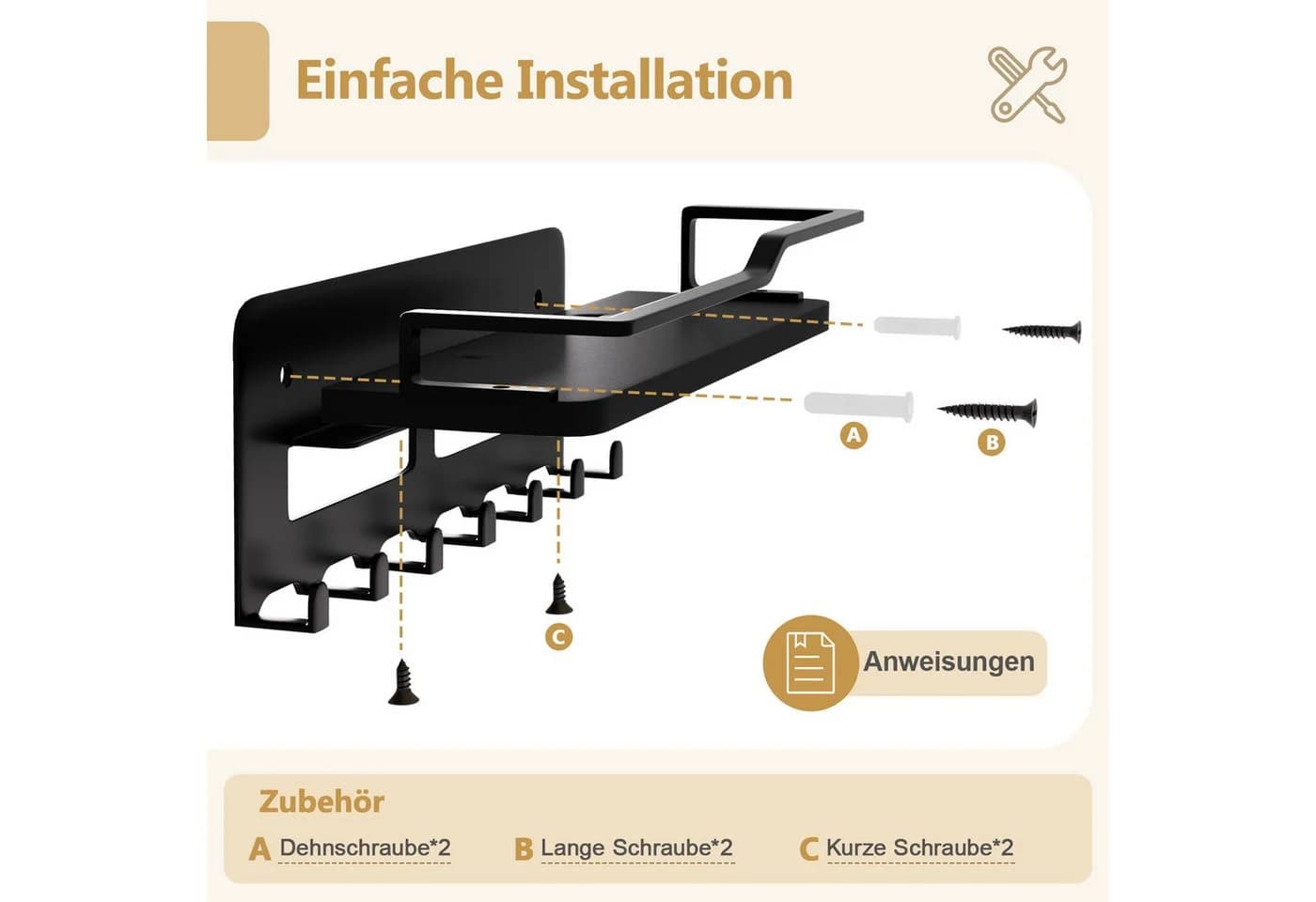 Yorbay Schlüsselbrett mit Holzablage, 7 Haken, Schwarz - Bild 5