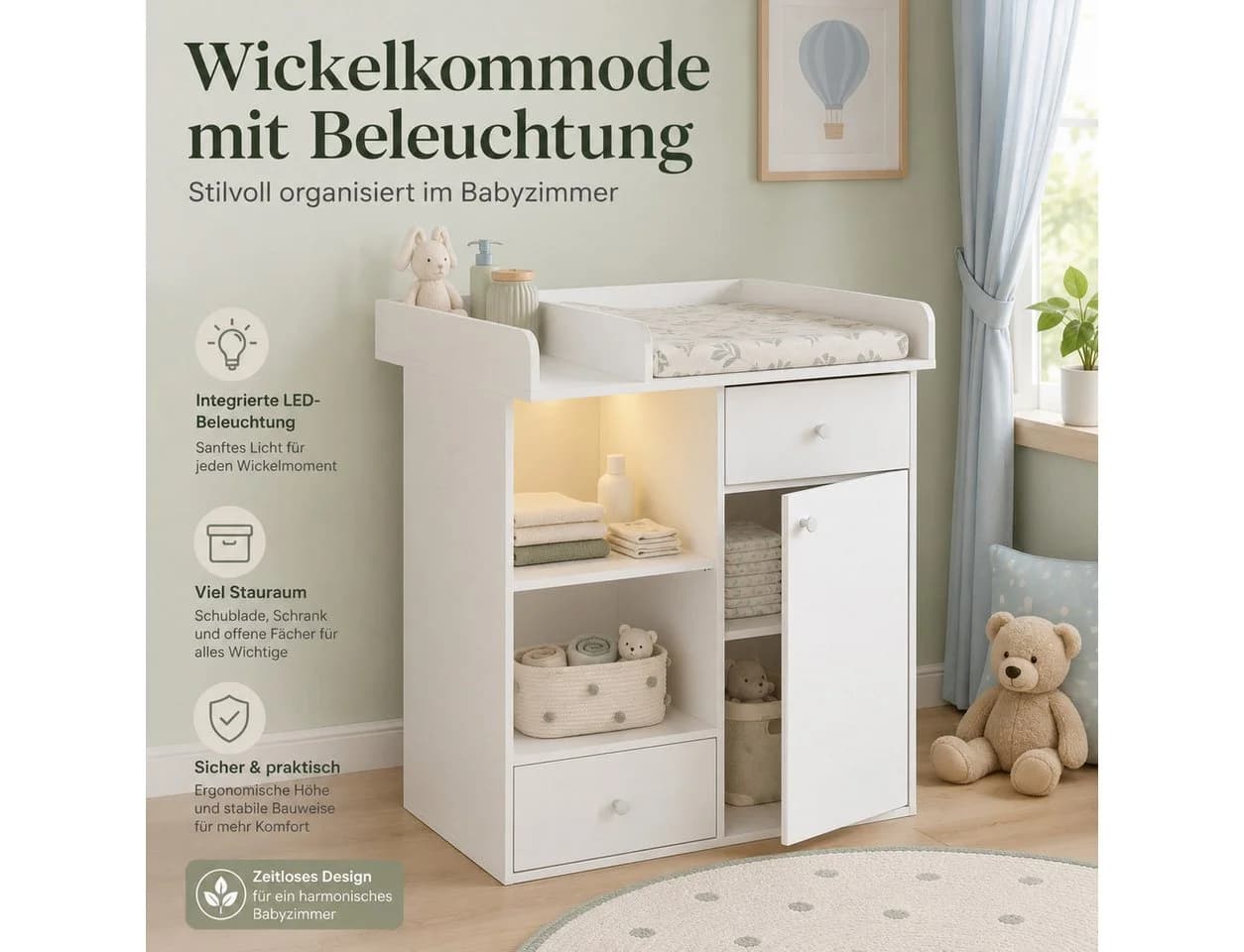 Yorbay Wickelkommode mit LED Licht und Stauraum