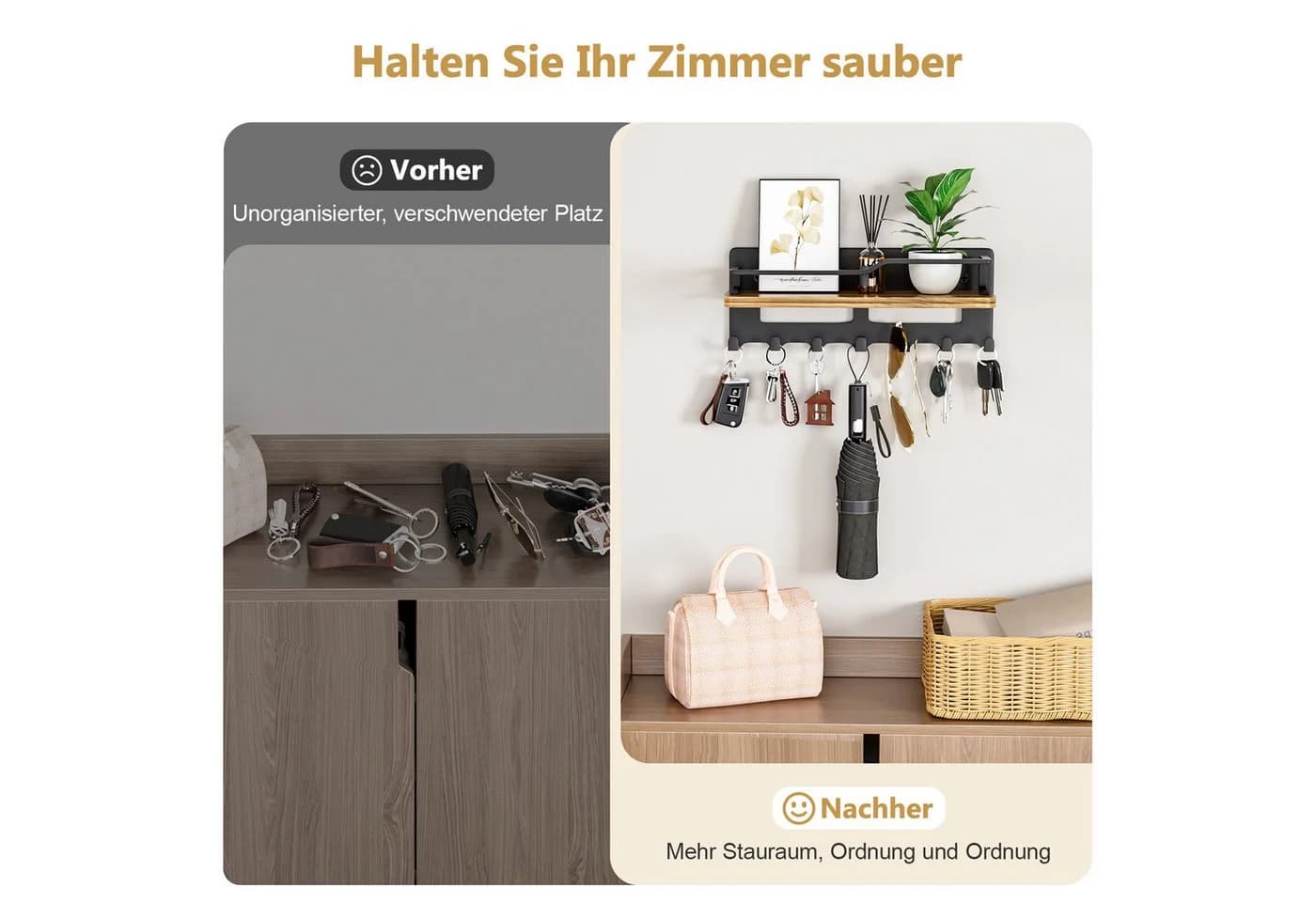Yorbay Schlüsselbrett mit Holzablage, 7 Haken, Schwarz/Braun - Bild 4