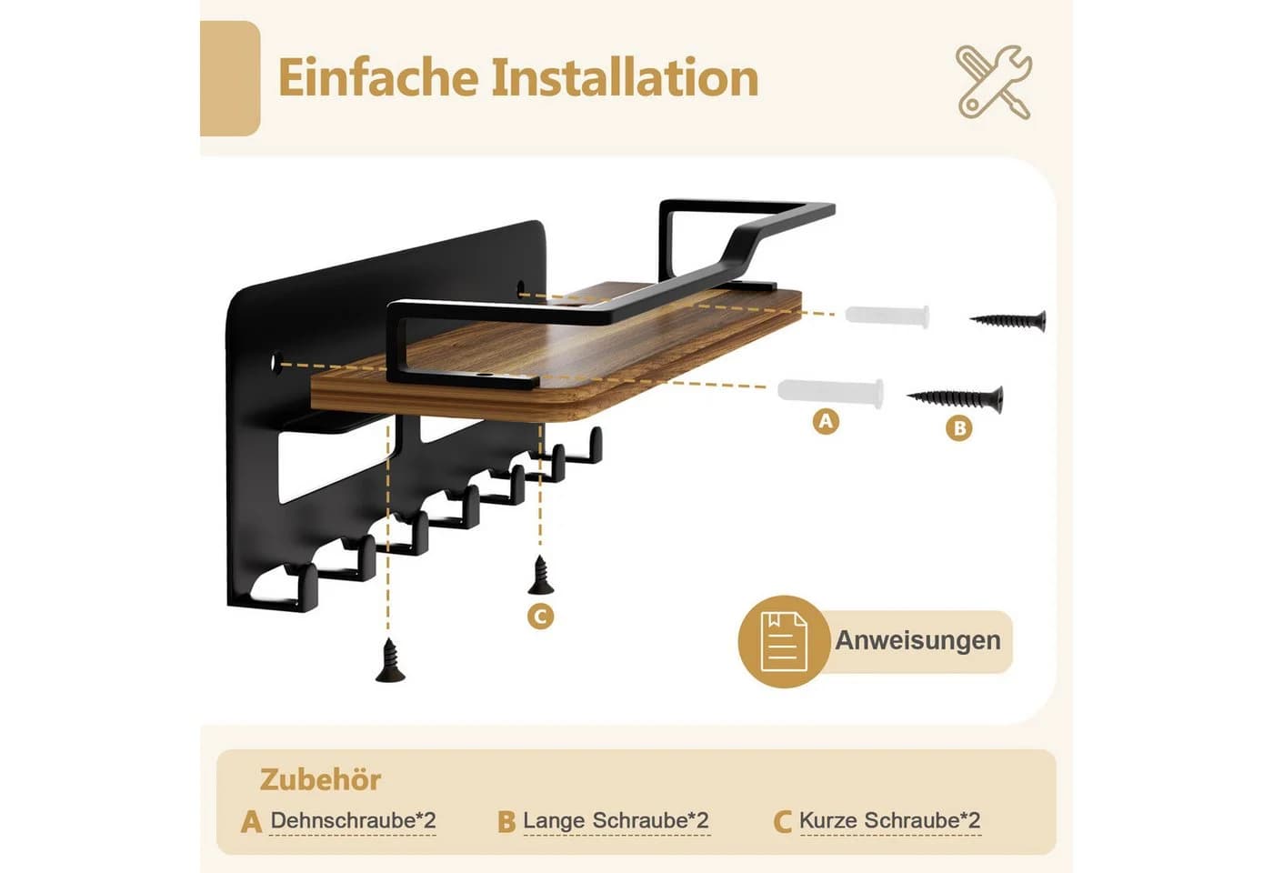 Yorbay Schlüsselbrett mit Holzablage, 7 Haken, Schwarz/Braun - Bild 5