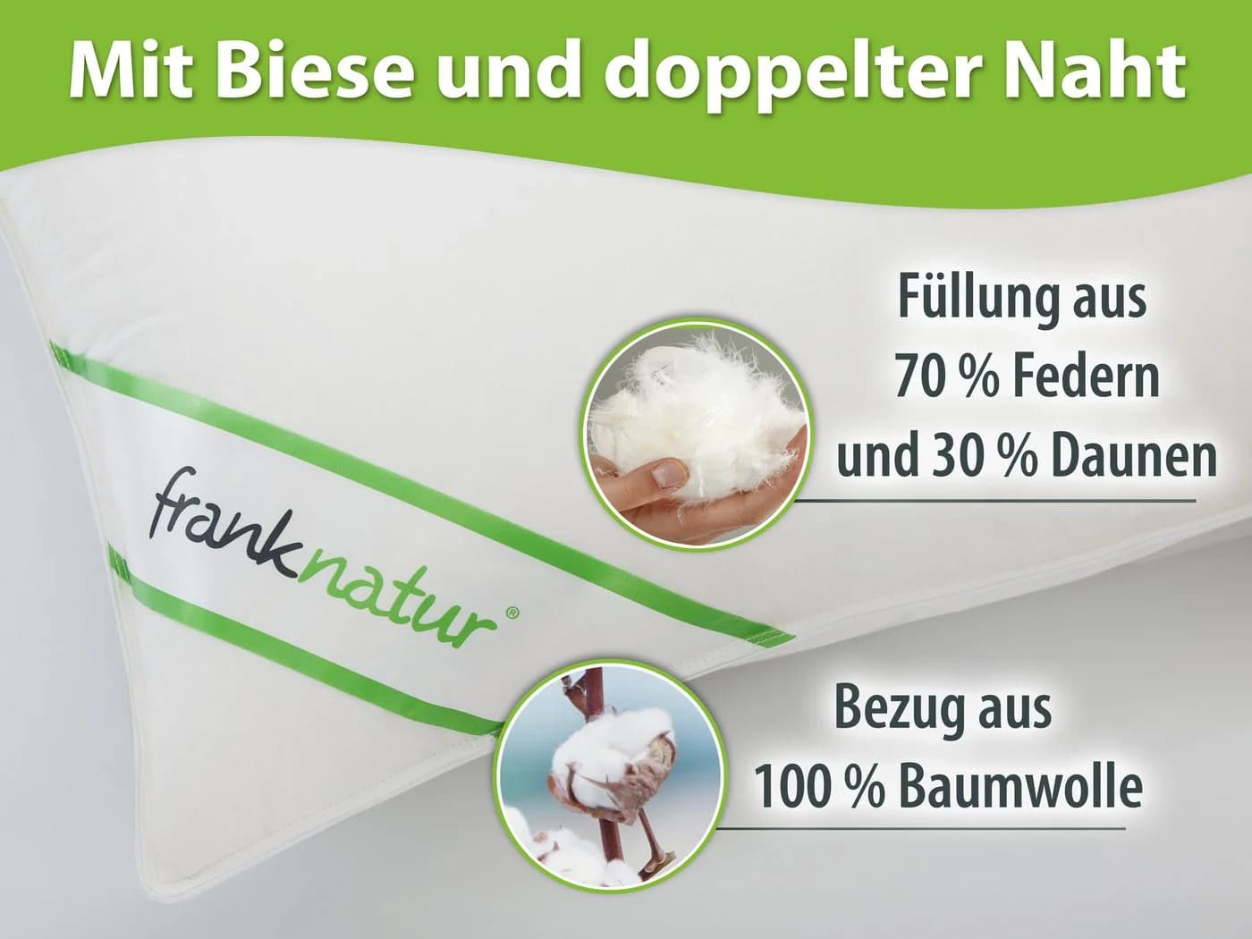franknatur Gänsefederkopfkissen Christin 70% Federn 30% Daunen Baumwolle
