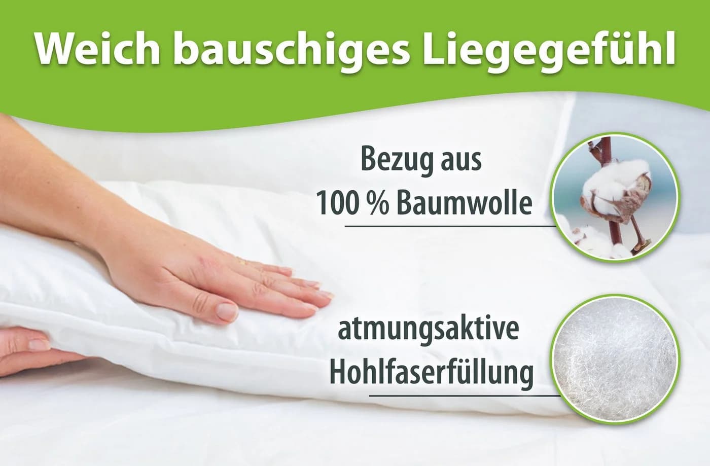 franknatur Bauchschläferkissen Bea - 100% Baumwolle, Weiches Flachkissen - Bild 3