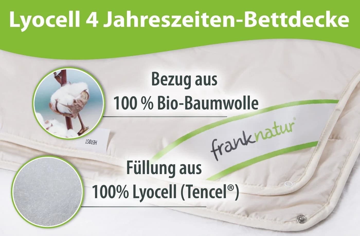 franknatur 4-Jahreszeiten-Decke Lyocell Bio, Füllung: 100% Lyocell/Tencel®, Bezug: 100% Baumwolle kbA, temperaturausgleichende Bettdecke - Bild 3