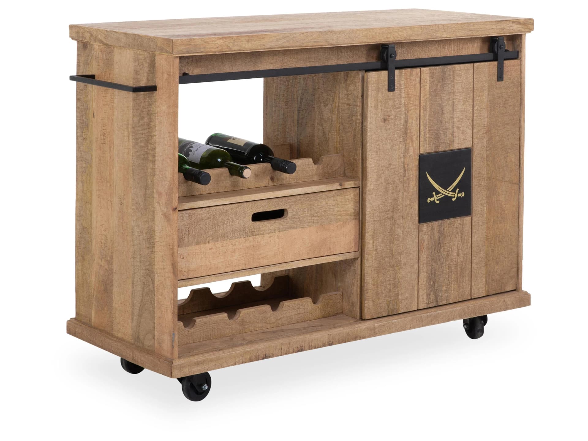 Sansibar Küchenwagen HALMSTAD Massivholz Orange mit Schubkasten und Weinregal