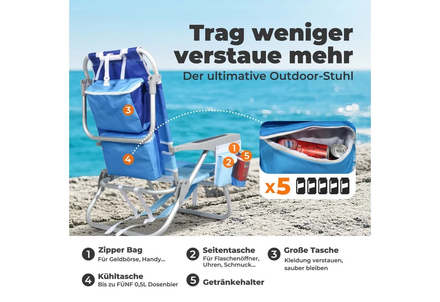 HOMECALL Klappstuhl Strandstuhl Leicht mit Kühltasche - Blau - Bild 4