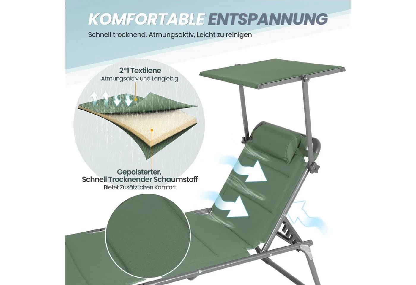 HOMECALL Gartenliege klappbar mit verstellbarer Rückenlehne und Sonnenblende