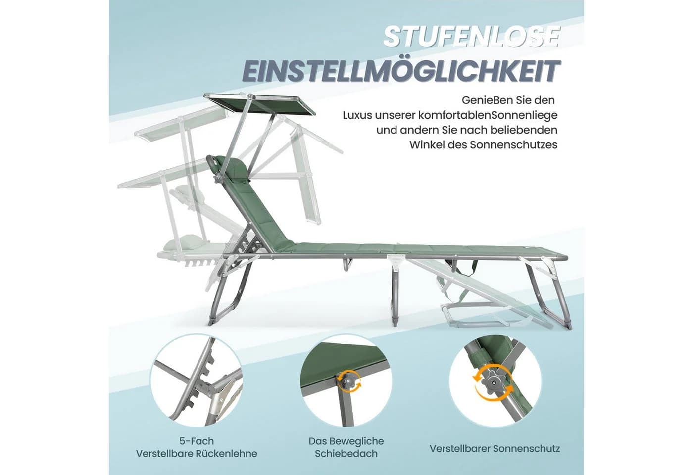 HOMECALL Gartenliege klappbar mit verstellbarer Rückenlehne und Sonnenblende - Bild 3