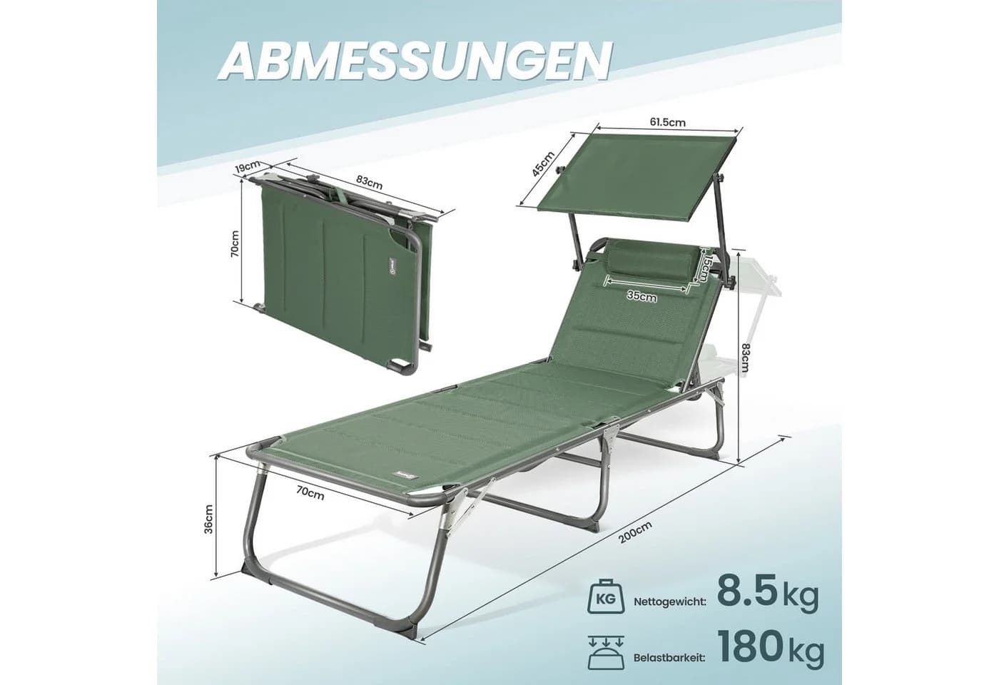 HOMECALL Gartenliege klappbar mit verstellbarer Rückenlehne und Sonnenblende - Bild 4
