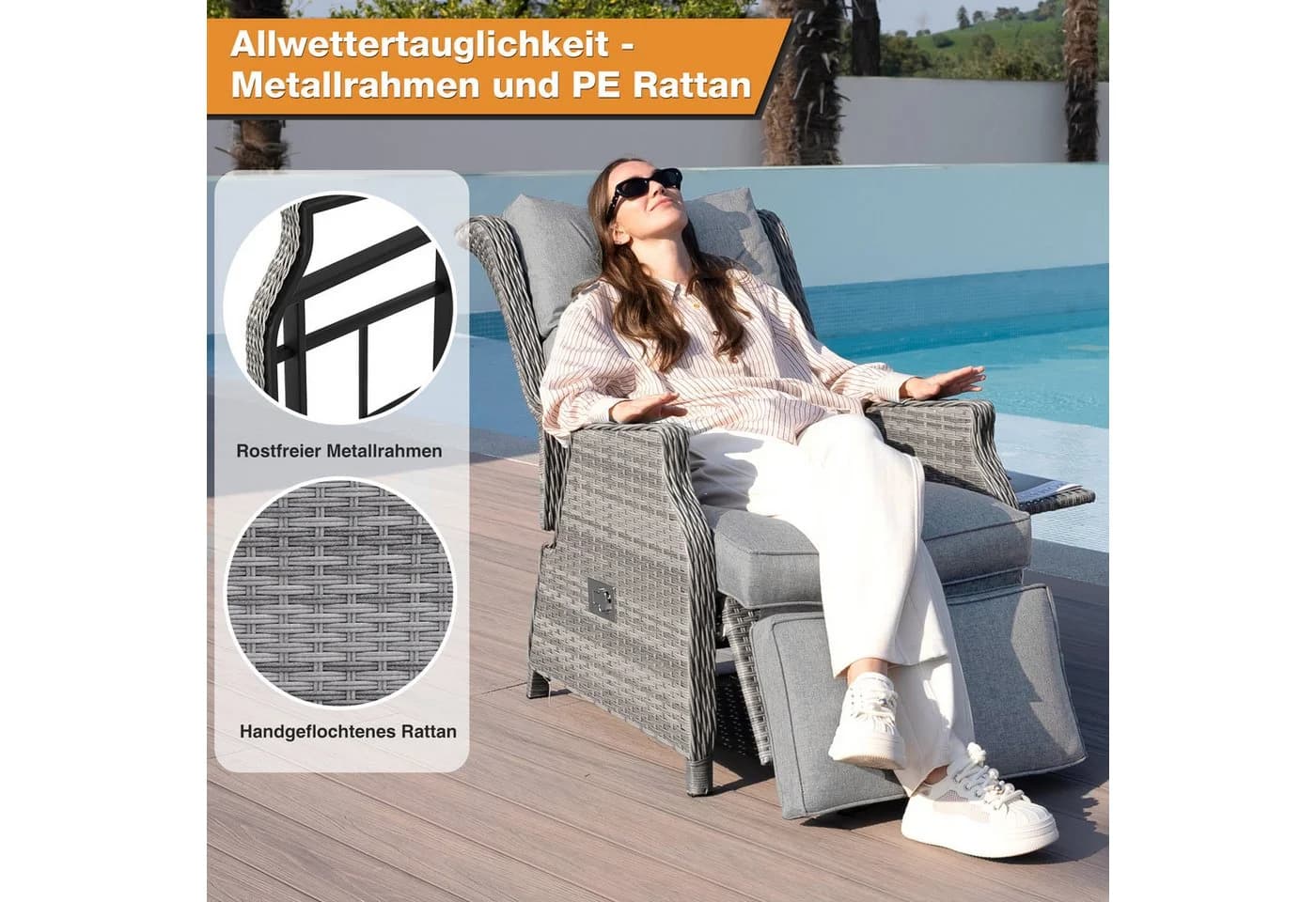 HOMECALL Rattanstuhl Gartensessel Verstellbar Liegestuhl Balkonliege Wetterfester Rahmen Klappbarem Beistelltisch