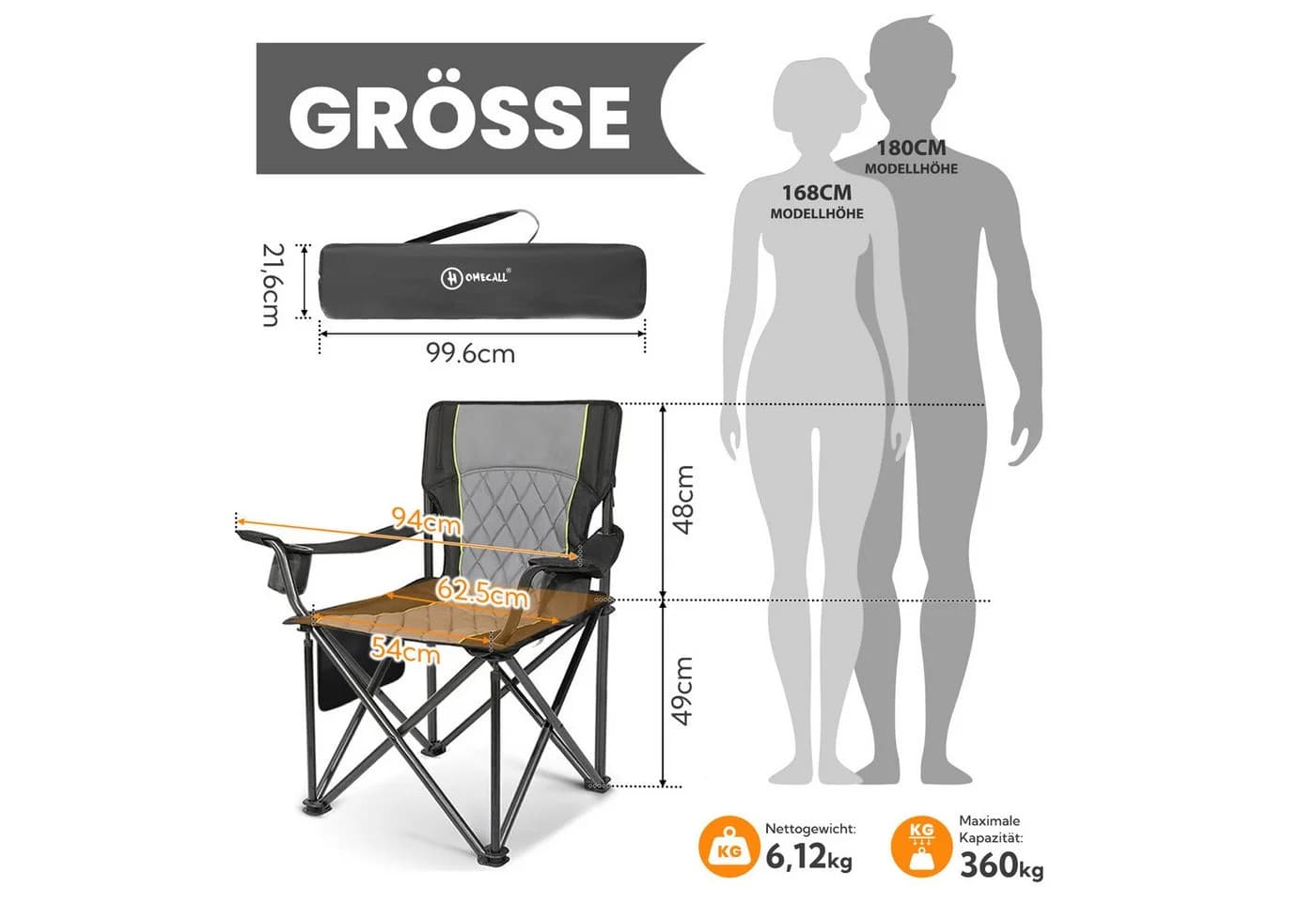 HOMECALL XXL Campingstuhl Gepolstert Schwarz 360kg Belastbar